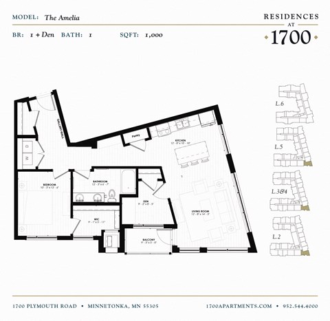Floor plan for 1 bed, 1 bath, 1000 sqft